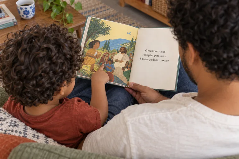 Cena ilustrativa de pai e filho lendo juntos uma história bíblica