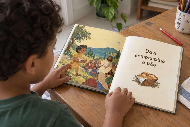 Cena ilustrativa de uma criança explorando seu livro sobre a partilha dos pães